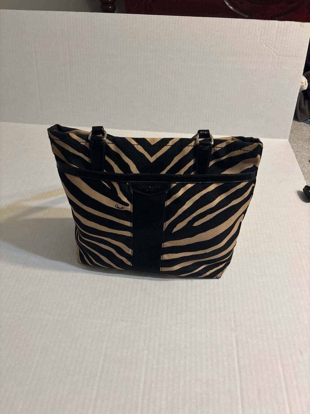 Coach Zebra Print Canvas Tote Bag Black and Tan